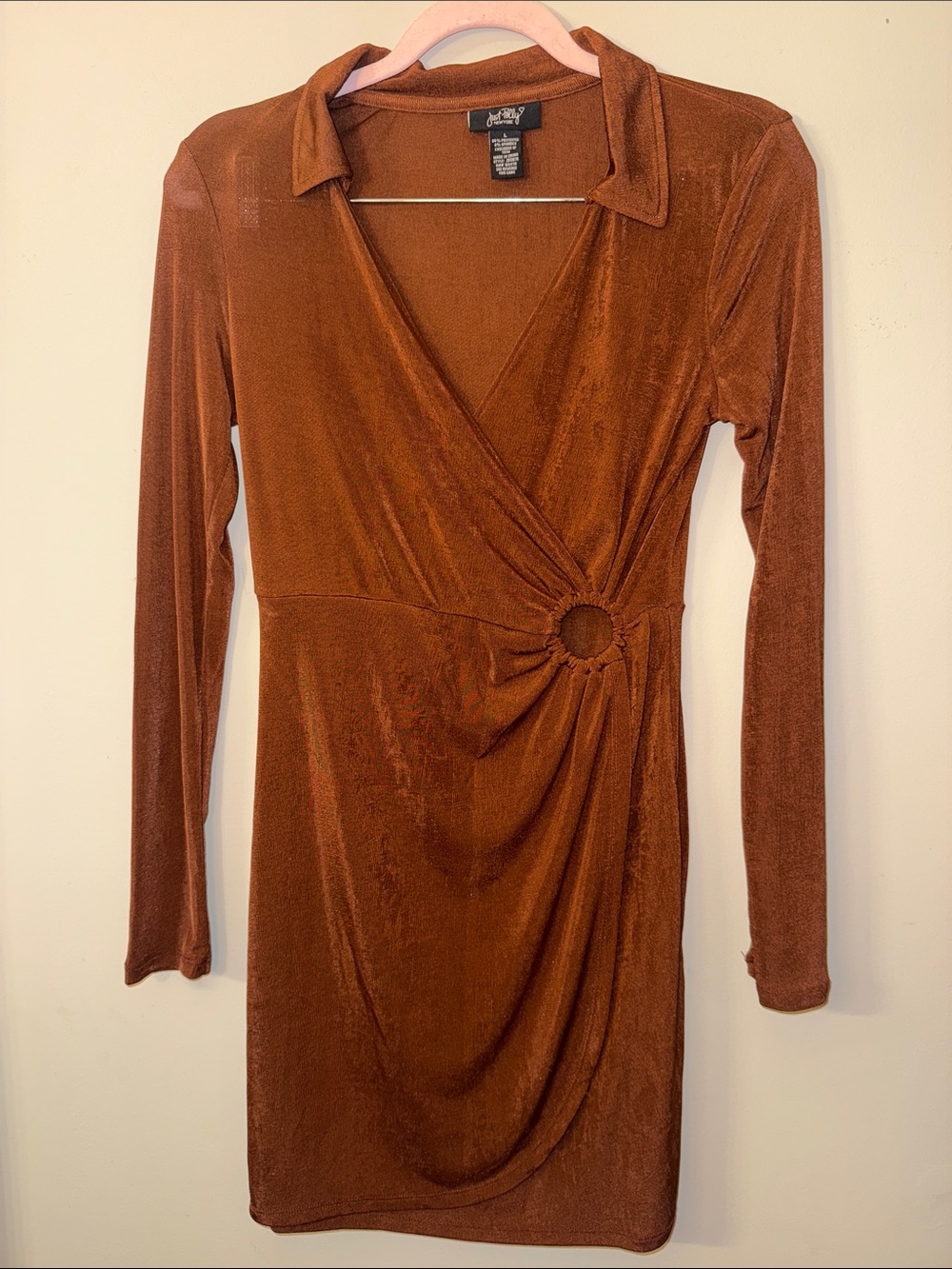 Long-Sleeve Wrap Dress with Ring Accent in Rust Brown